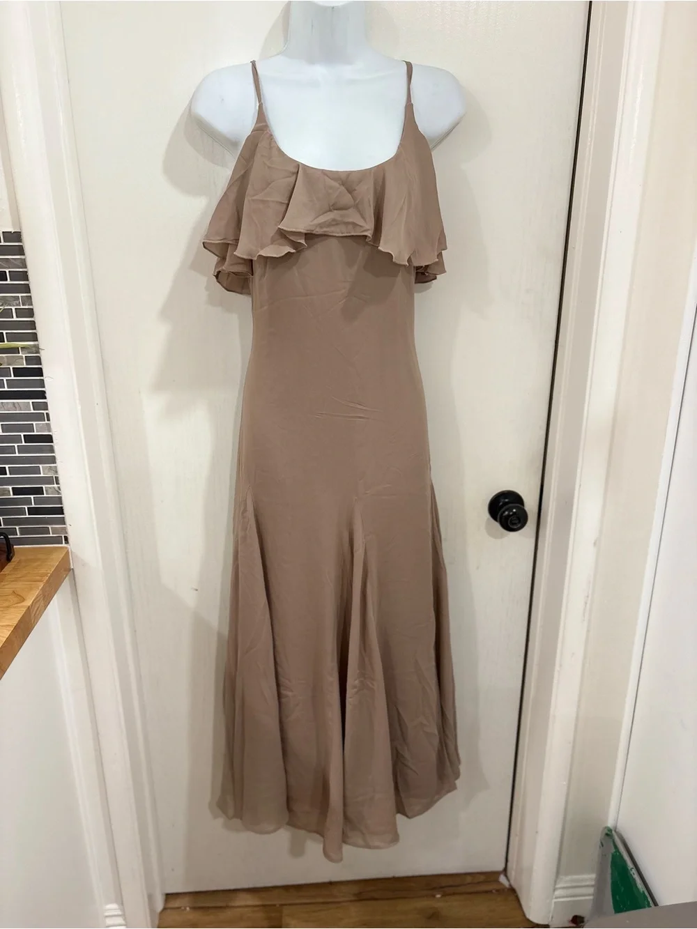 Abercrombie & Fitch simple minimalist flowy Beige Ruffle Slip Maxi Dress